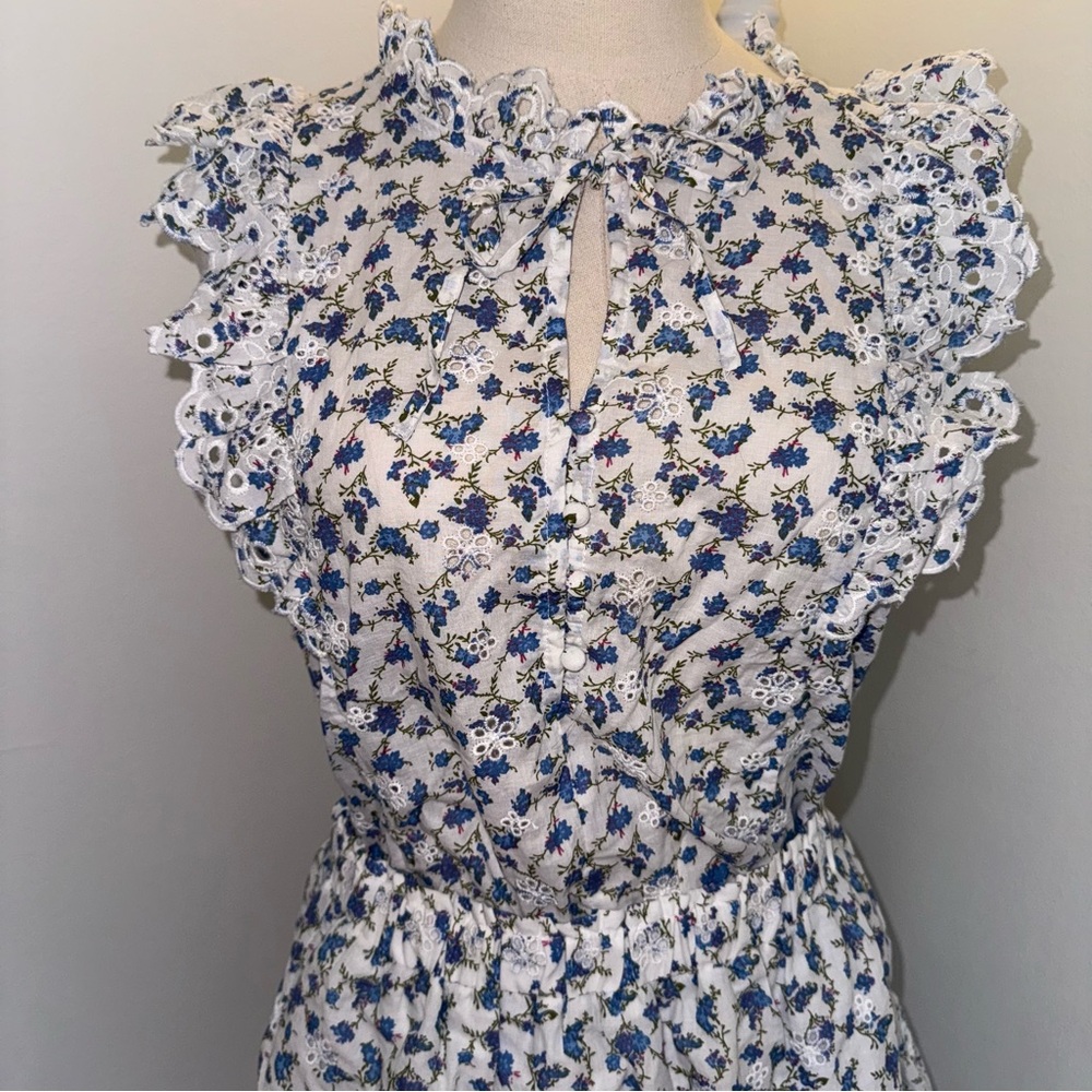 Jennifer & Grace M Blue White Floral Eyelet Embroidered Scalloped Skirt Top Set - Picture 3 of 10